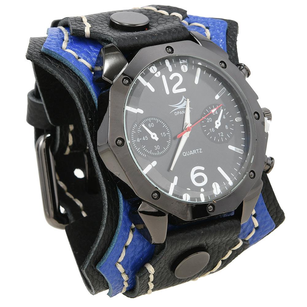 Orologio da uomo Punk Vintage con cinturino multistrato in pelle di mucca cucito a mano e quadrante grande
