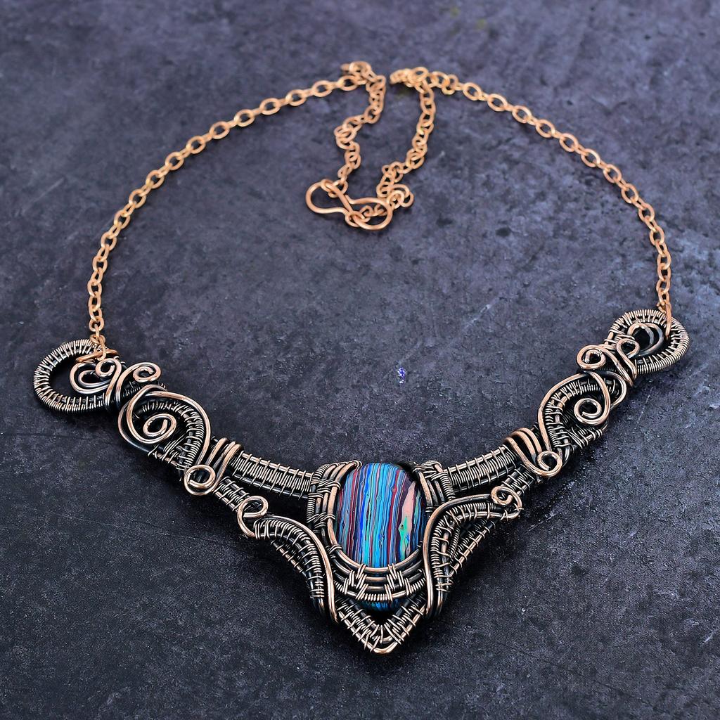 Rainbow Calsilica Gemstone Handmade Copper Wire Wrap Jewelry Necklace 18" ET-4944