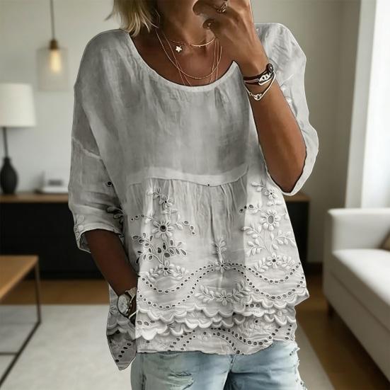 Damen T-Shirt Rundhalsausschnitt Halbe Ärmel Stickerei Blumenmuster Lockerer Saum T-Shirt Einfarbige Falten Design Sommer Oberteile