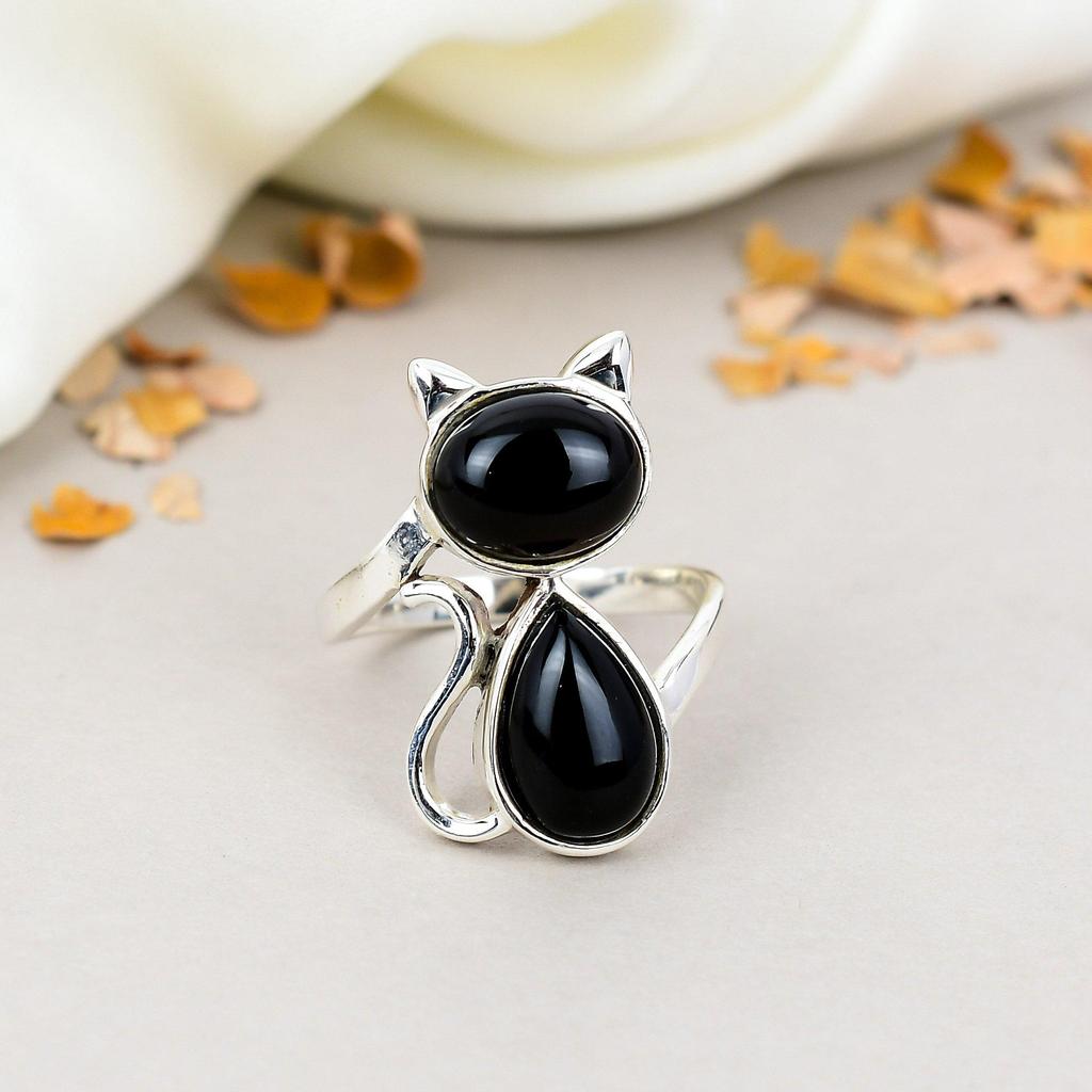 Black Onyx Cat Ring 925 Sterling Silver Handmade Gemstone Ring For Women