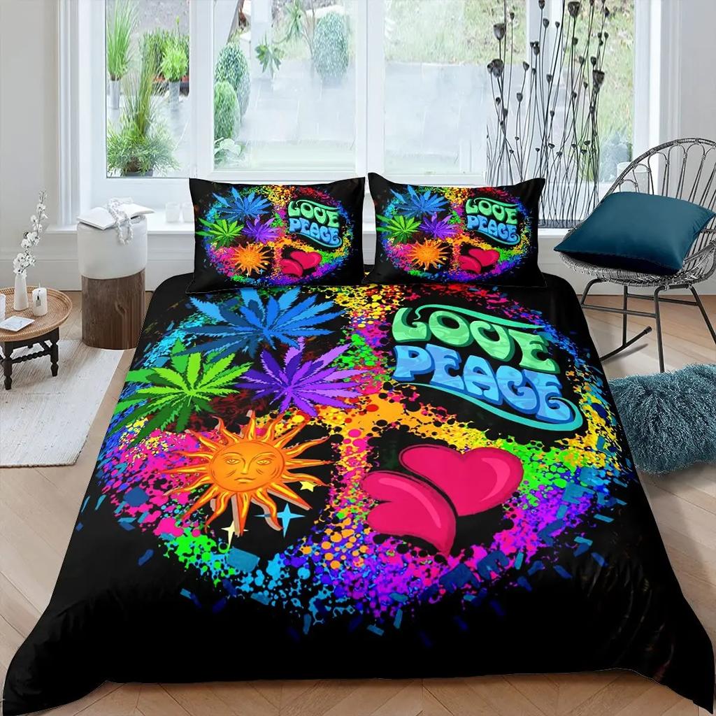 Boho Hippie Psychedelic Flowers Duvet Cover Colorful Peace Sign Bedding for Boys Girls Women Bedroom Decorative Rainbow Tie Dye