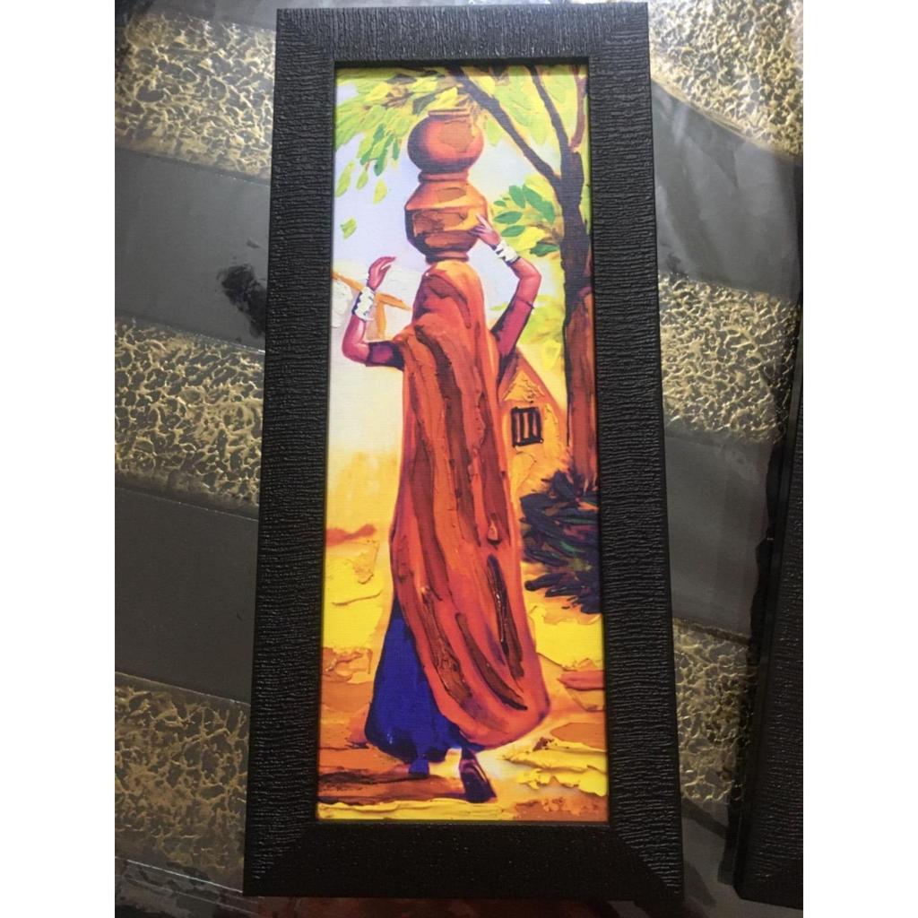 Paper Vastu Indian Village Scene Women Wall Art Painting, Multicolor, Indian Villlage, 13.0 X 22.0 Inches, Set of 3