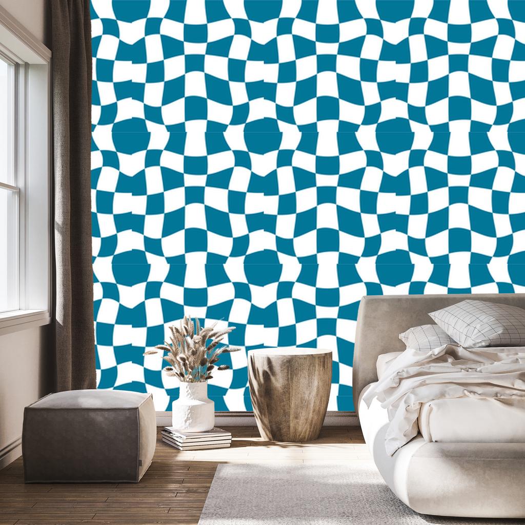 Wallpaper Casual checkerboard turquoise and white, turquoise background 50x1000
