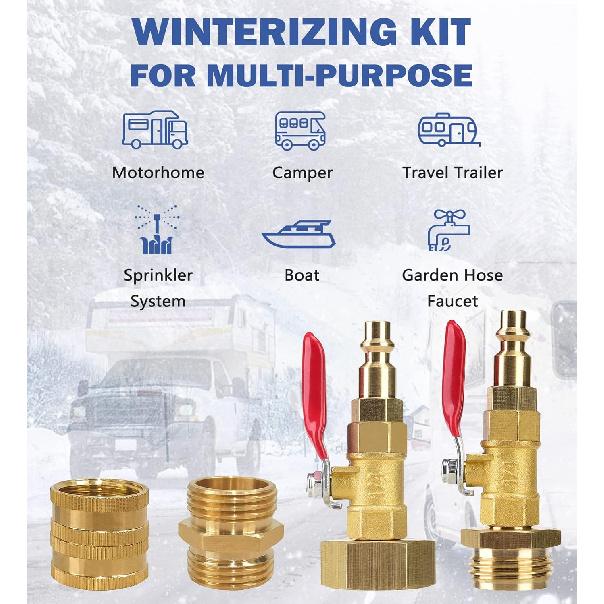 RV Winterizing Kit, RV Blowout Adapter With Shut Off Valve, Sprinkler Blowout Adapter With Quick-Connect Plug To 3/4 Garden Hose, Camper Winterize