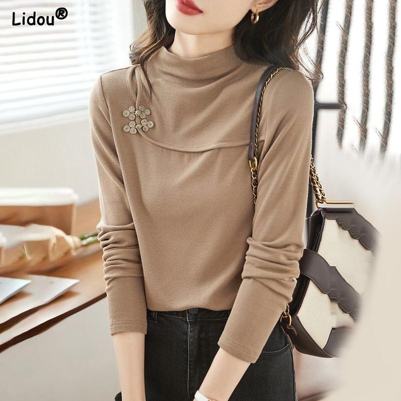 

Модные повседневные облегающие однотонные лоскутные футболки с полувысоким воротником на пуговицах, базовые, с темпераментом, женская одежда S кофейный