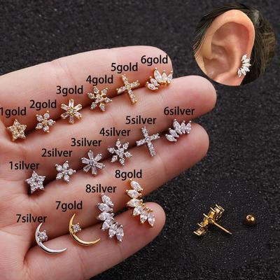 2PCS Stainless Steel Zircon Flower Small Stud Earrings Women Minimal Helix Tragus Cartilage Piercing Earring Korea Body Jewelry
