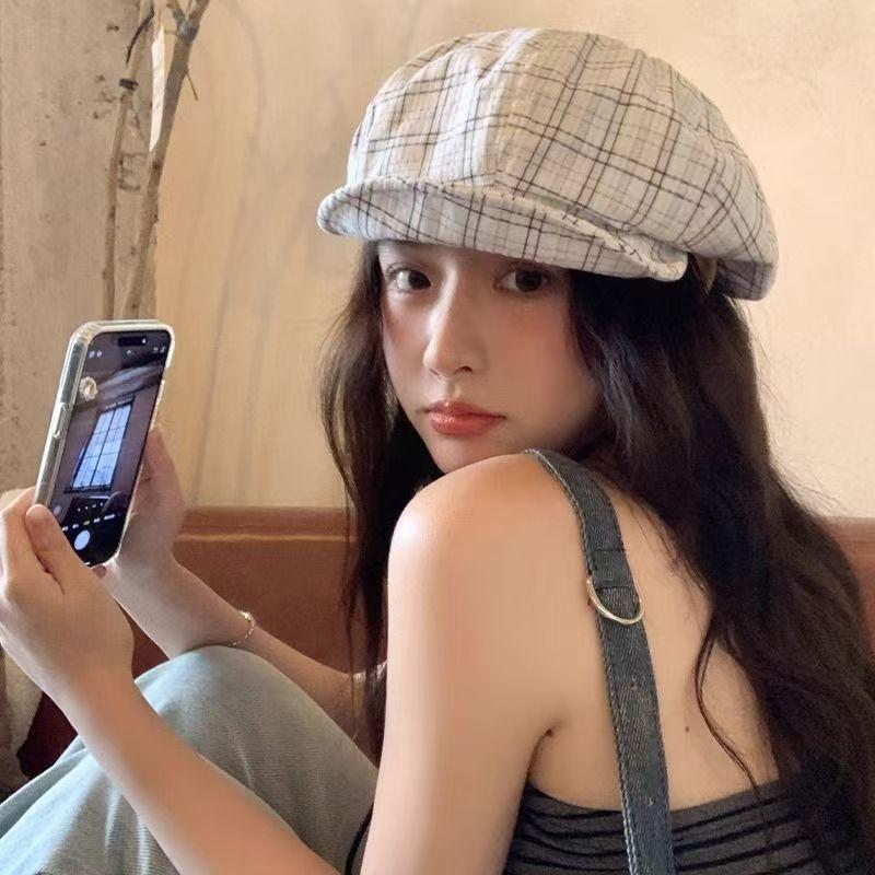 

Retro Plaid Beret Hat For Women Spring Summer Sunshade Breathable Korean Style белый