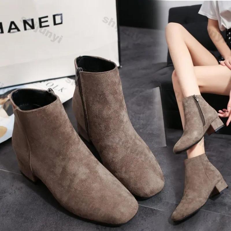 Fashion Women Suede Ankle Boots Chunky Heels Autumn New Fashion Mid-heel Shoes Women Trend Snow Boots Elegant Walking Goth Botas Mujer