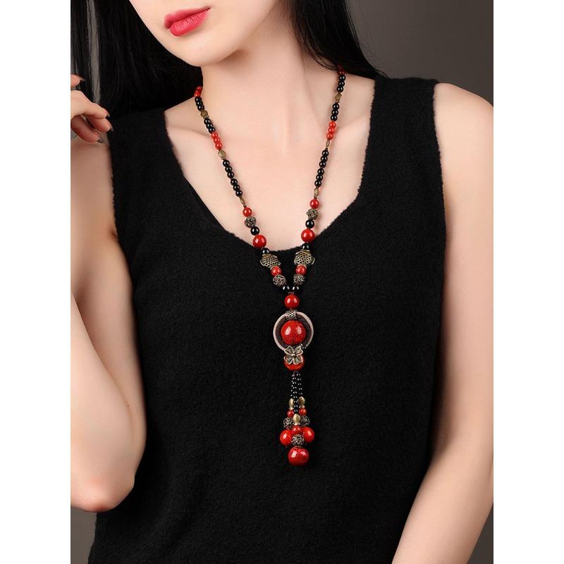 GEMCHIC Damen Vintage Ethnischer Stil Lange Pulloverkette mit Roten Perlen und Fischanhänger aus Legierung Chinesischer Klassischer Schmuck