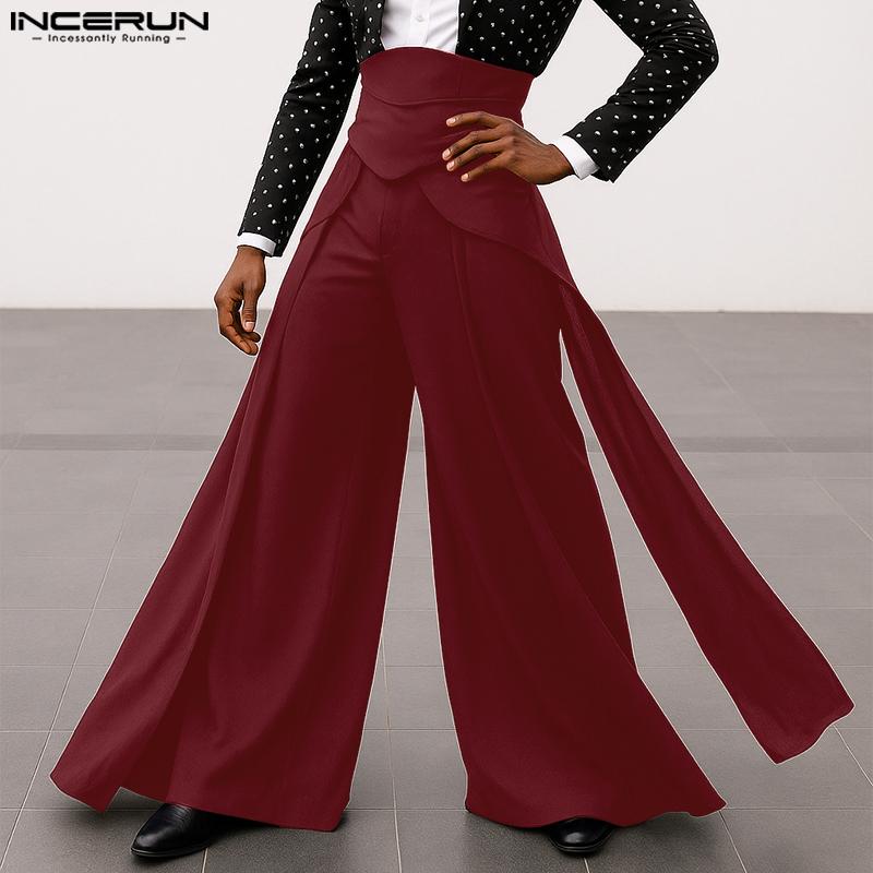 INCERUN Men High Waist Casual Long Splits Wide Legs Pants Trousers