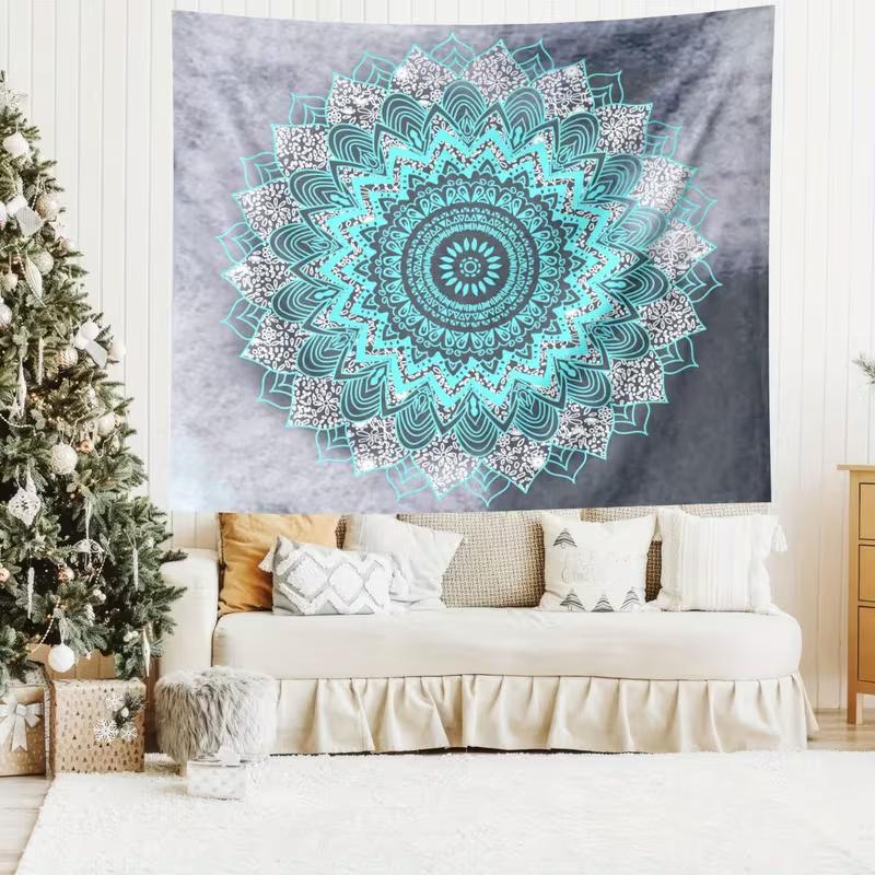 2D Aesthetic Mandala Tapestry, Grey Tie Dye & Turquoise Floral Background Cloth