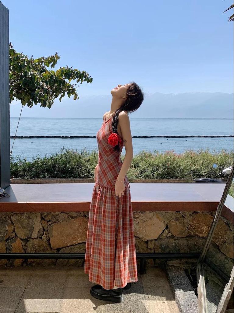 Summer Gingham Backless Spaghetti Strap Dress