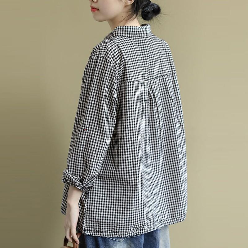 Camisa Casual para Mujer Estilo Coreano Vintage Estampado a Cuadros Bordado de Dibujos Animados Oversize Femenina Mujer Blusas Camisas