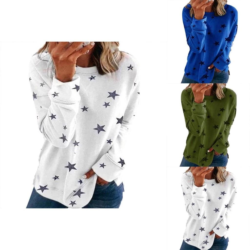 Women Casual Tunic Crew Neck Long Sleeve Star Print Tee Top Blouse For Daily Comfort And Style