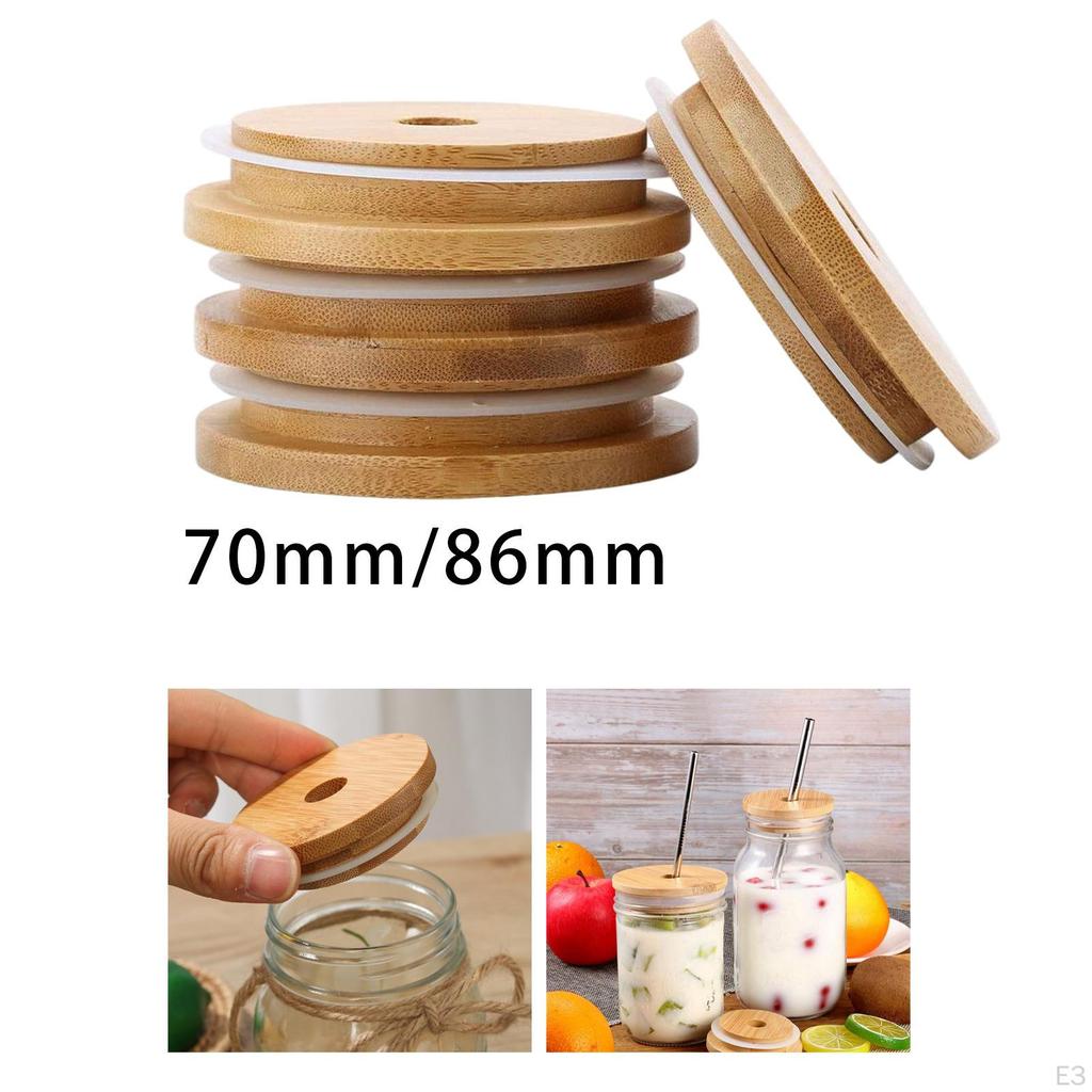 4 Pack Jar Lids with Straw Hole, Reusable Bamboo Canning Lip Covers Drinking Jars