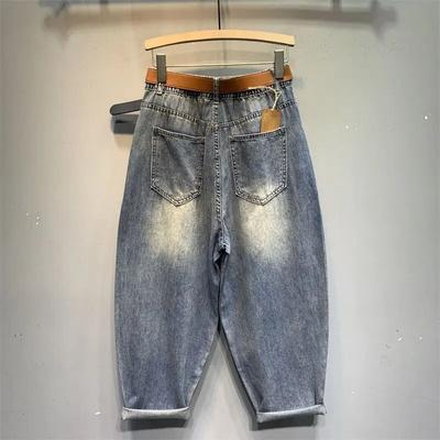 Evropské jaro léto dámy s potiskem diamantové džínové harémové kalhoty dámská móda Streetwear elastický pas Daddy Jeans