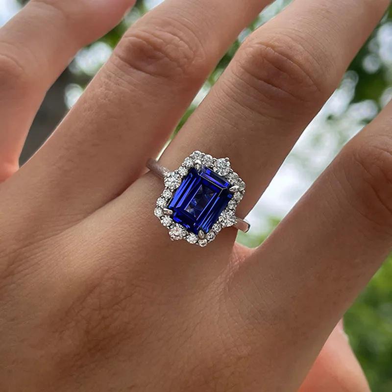Huitan Trendy Women Wedding Rings Square Blue Cubic Zirconia Luxury Rings Anniversary Gift Eternity Female Accessories Zircon