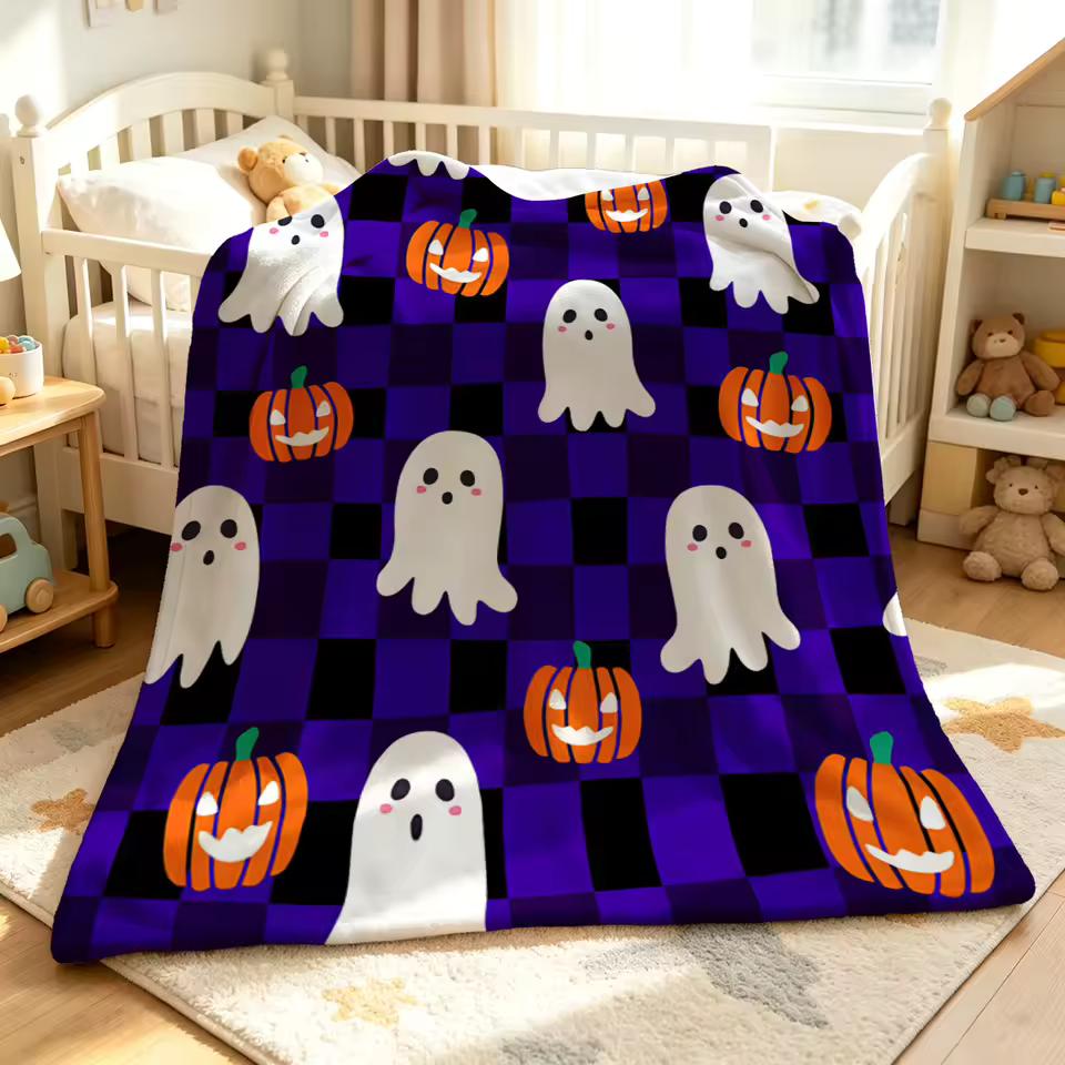 Purple Checkered Ghost Flannel Blanket Warm Soft Halloween Christmas Decorative Couch Warm Cozy All-Season Gift