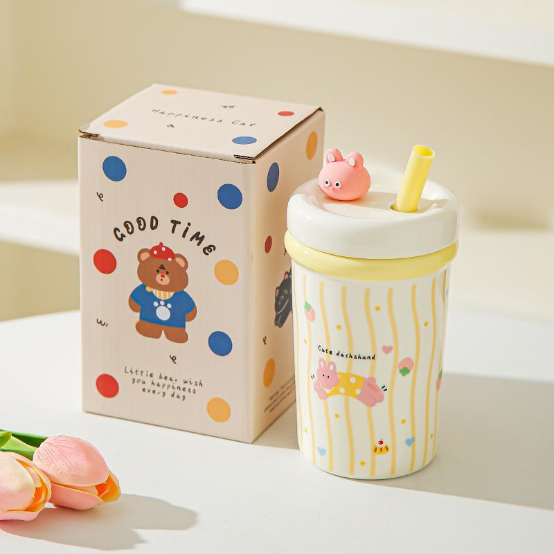 Girl's Heart Cute Pet Mug Cute Straw Ceramic Cup with Lid Spoon Girls Coffee Milk Cup Birthday Gift