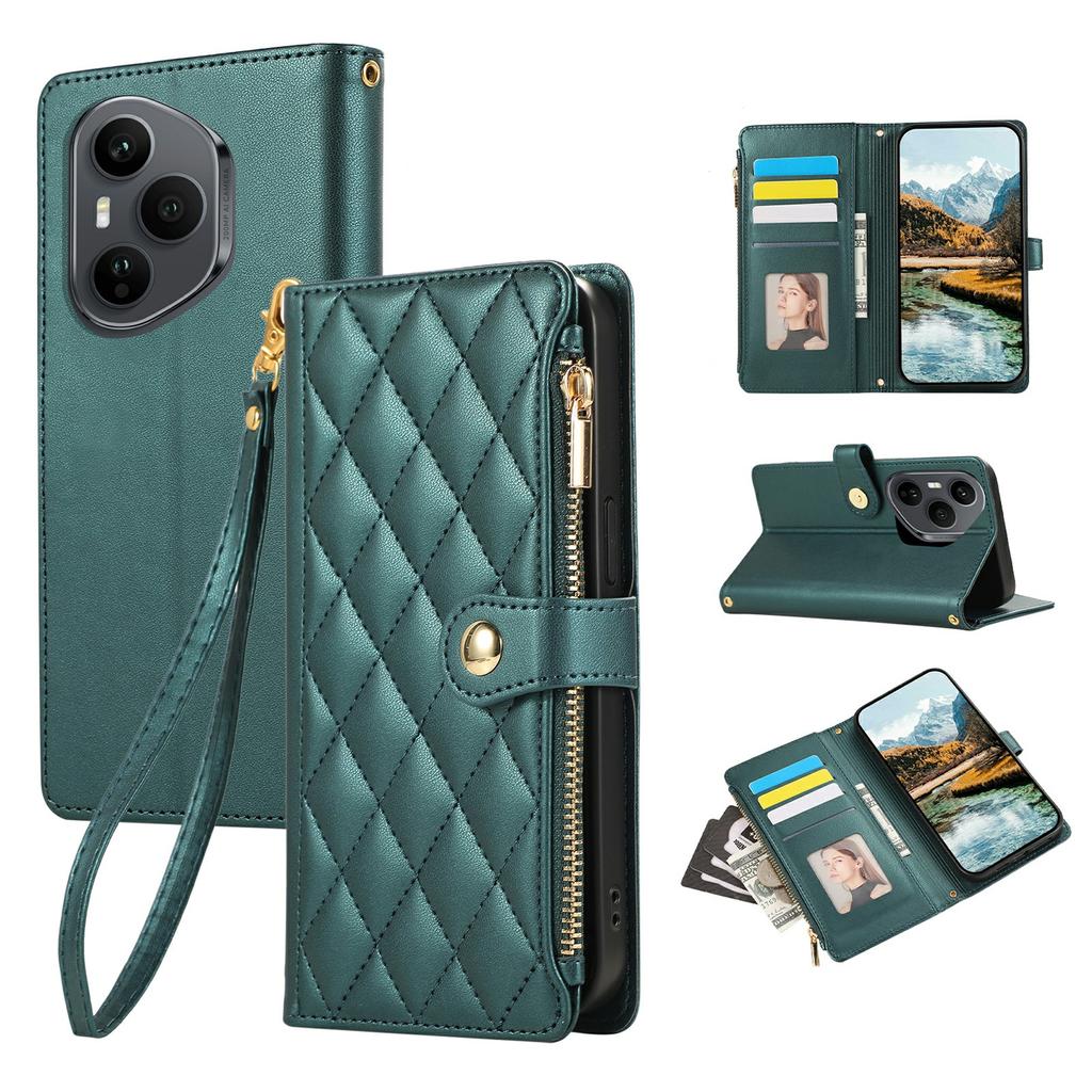 For Honor 400 Pro 5G (Global) Case Multi Card Slots Zipper Rhombus Leather Phone Cover with Wrist Strap