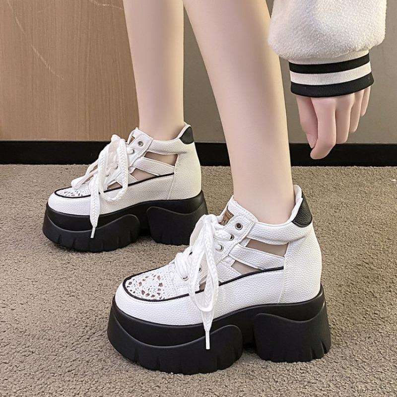 Fashion Autumn New Coarse Heel Shoes Women's Round Head Splicing Hollow Breathable Front Lacing Thick Sole Anti-slip Low-top Shoes