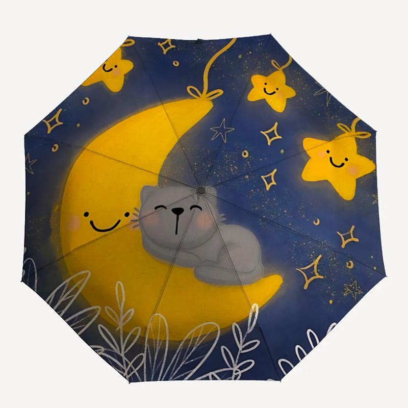 1pc Moon Cat Automatic Folding Umbrella - Compact 8-Rib Design, Durable Plastic & Iron, Lightweight for Outdoor Daily Use077
