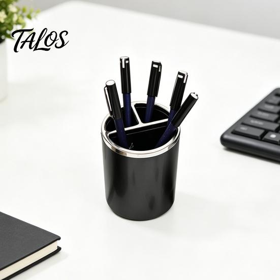 Pen Holder, Cylindrical Design Pencil Holder with Silver Edge Decoration, 3-Compartment Desktop Organizer for Pens Paper Clips Makeup Brushes