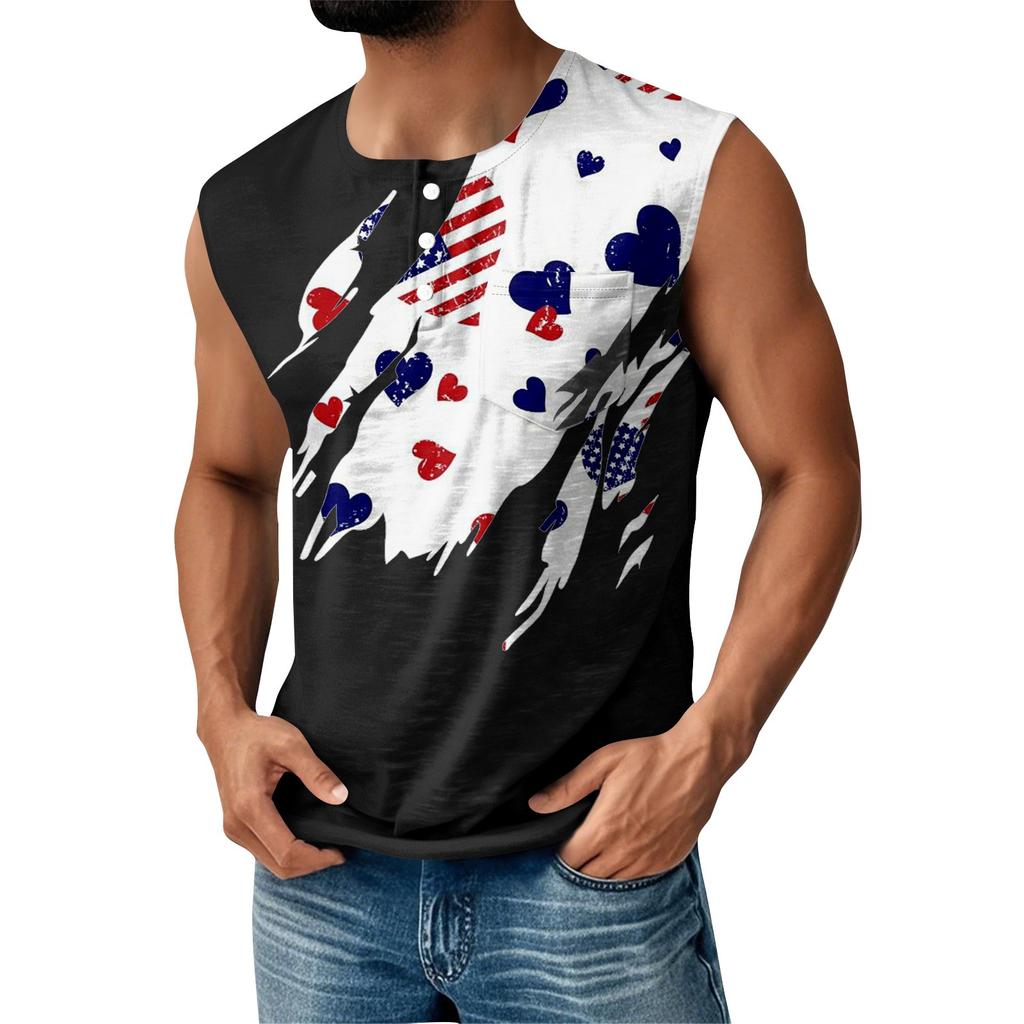 Herre Sommer Uavhengighetsdagen Trykt Sport Knapp Lomme Ermeløs Tanktopp