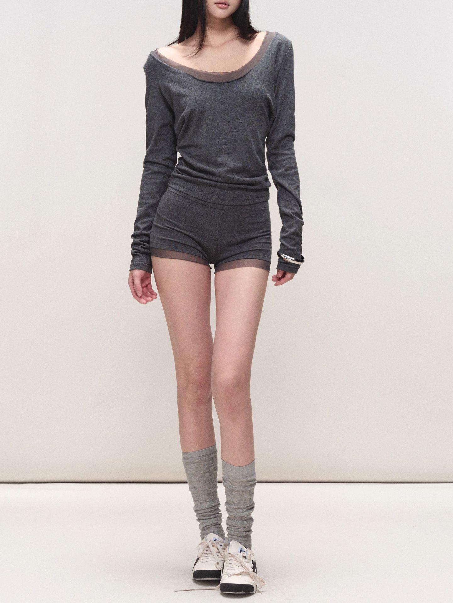 

Off-the-Shoulder Skin-Friendly Stretchy Knit Top & Mesh Patchwork Shorts Set for Women Gray Shorts