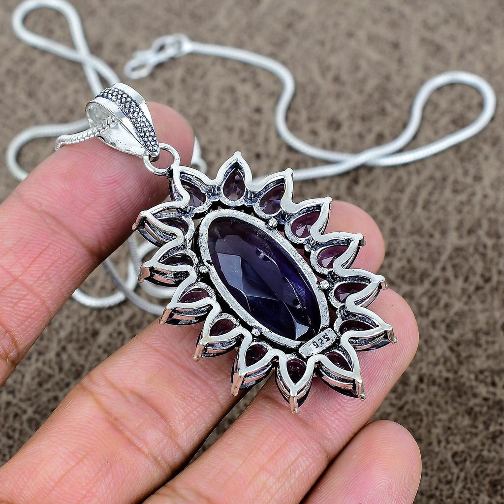 Amethyst Gemstone Handmade 925 Sterling Silver Jewelry Pendant 2.48" KKG-293
