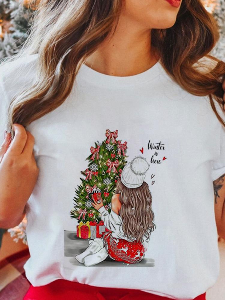 Women's Tops Christmas Short Sleeve Tees Female Summer Beach Funny Cartoon Santa Reindeer Printed T-Shirt Regular Graphic Female