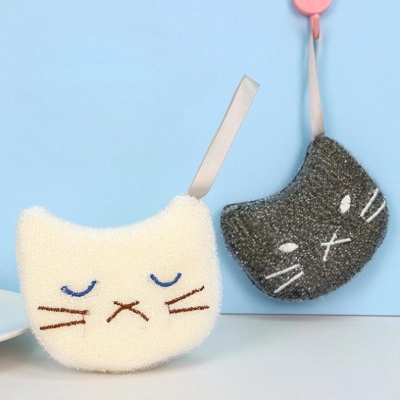 2Pcs cute cat shape kitchen cleaning sponge - durable natural sponge material