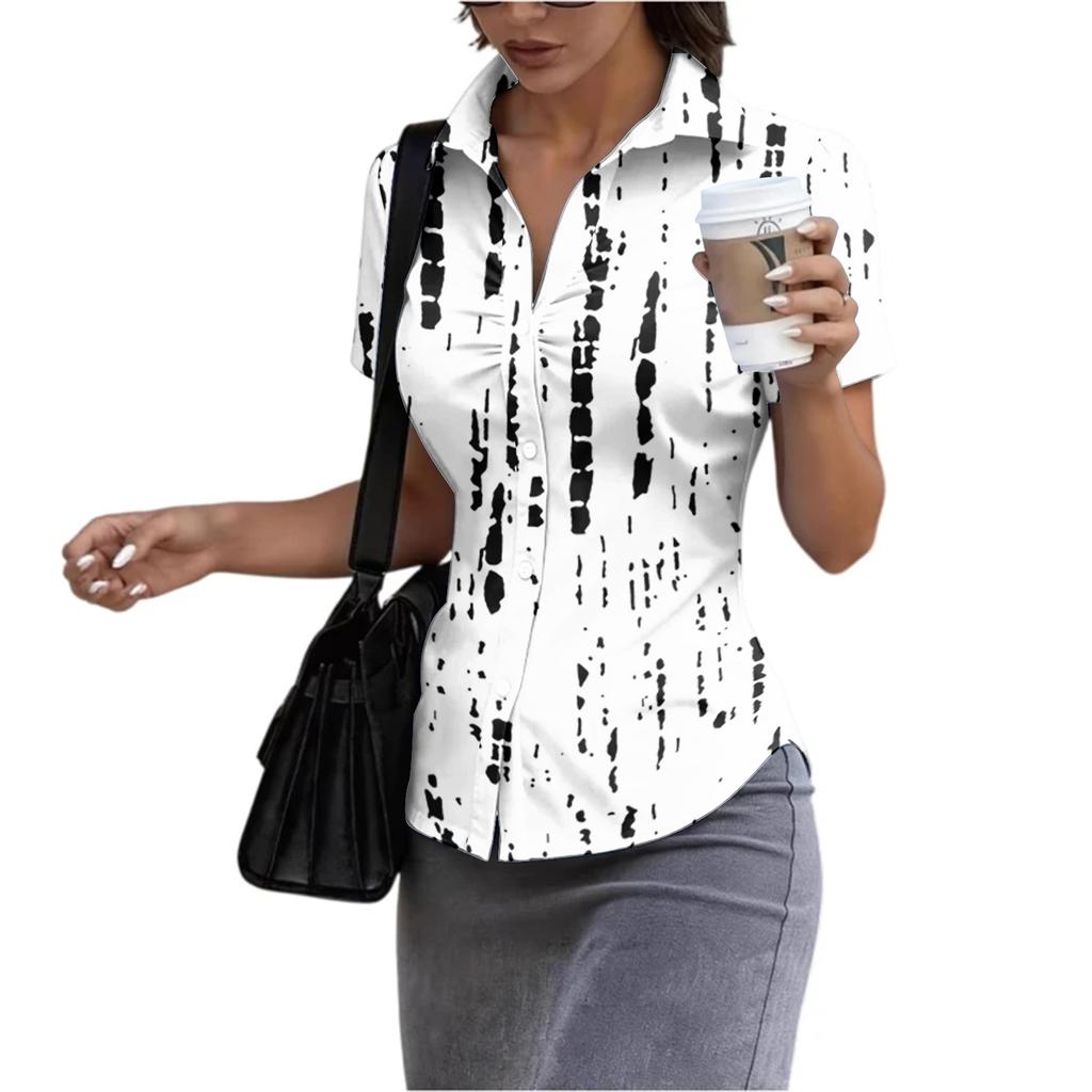 Damen Slim Fit Kurzarm Hemd mit Knöpfen und Kragen Sommerlich Lässig Büro Bluse Taillierter Schnitt Leichter Stoff