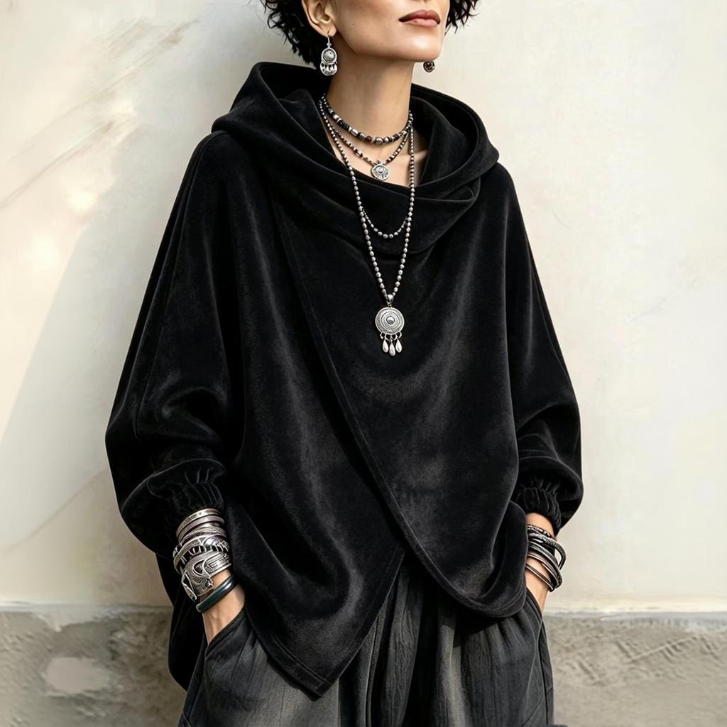 Women's Hooded Cape- Casual Jacket with Asymmetric Cross Hem for Everyday Wear
