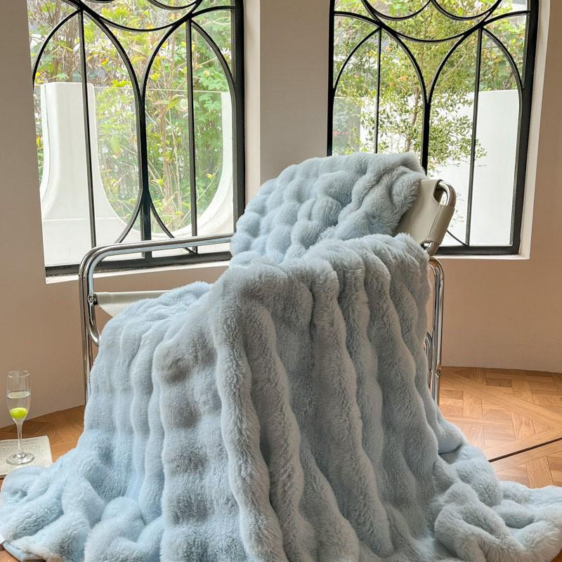 Autumn-Winter Double-Layer Faux Rabbit Fur Plush Nap Throw Blanket Shawl