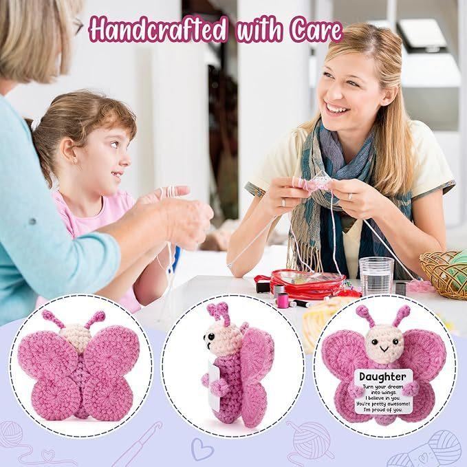 Pink Butterfly Positive Crochet Animals Doll With Card Desktop Ornament Emotional Support Handmade Knitted Cheer Up Toy