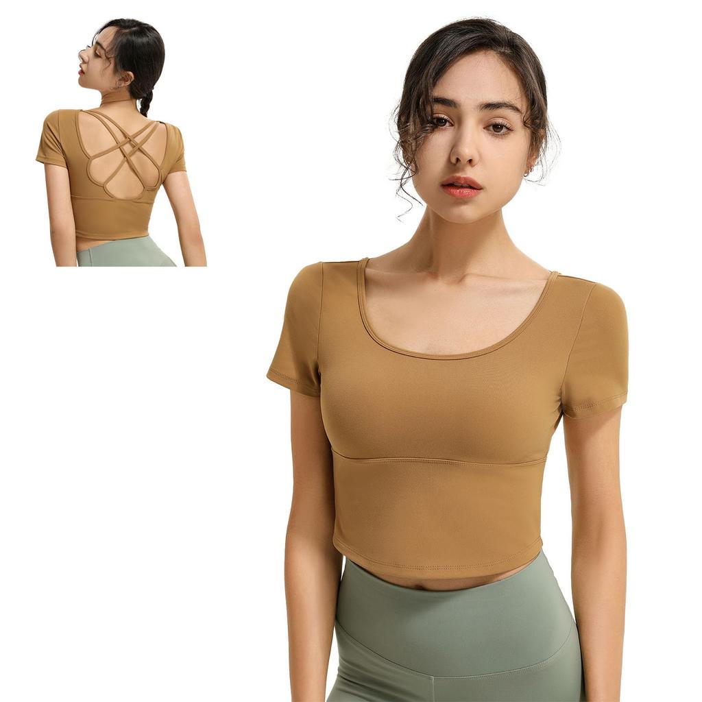 MORGEN SKY Short Sleeve Yoga Practice Shirt with Short and Back Support for and Fitness Women's Cups, Length, Stretch, Breathable, Yoga, Pilates,