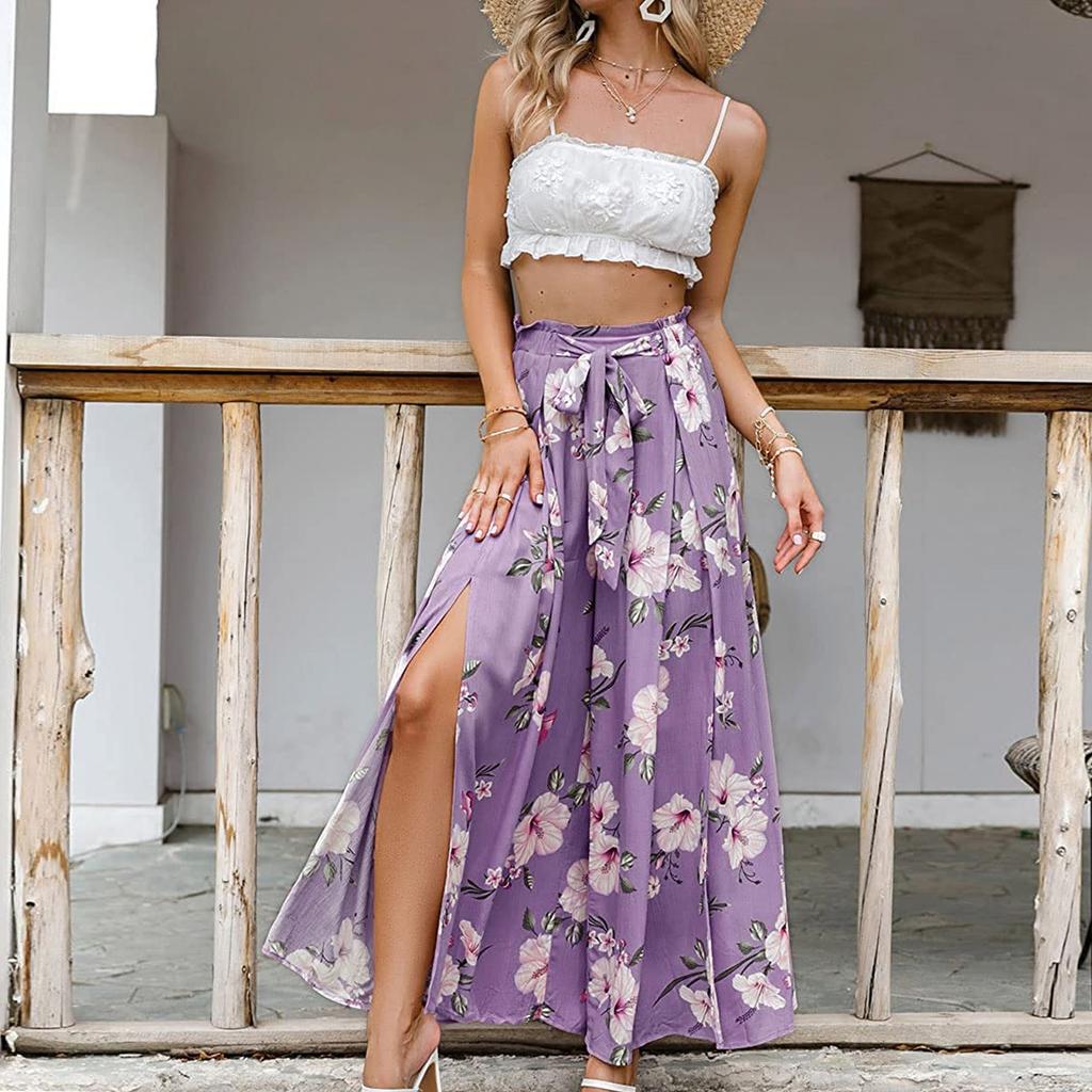 Women's Printed Trousers Elastic Belt Wide Leg High Waist Long Culottes