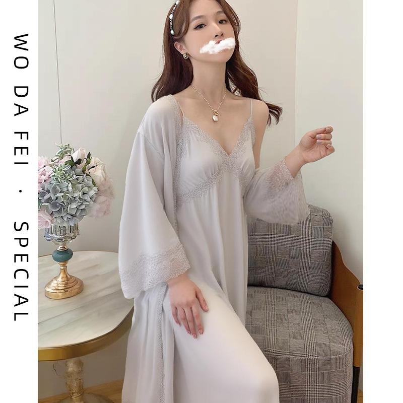 [Strict Selection] Deep V-neck sexy ice silk pajamas summer pure desire temperament morning robe with chest pad lace hanging skirt