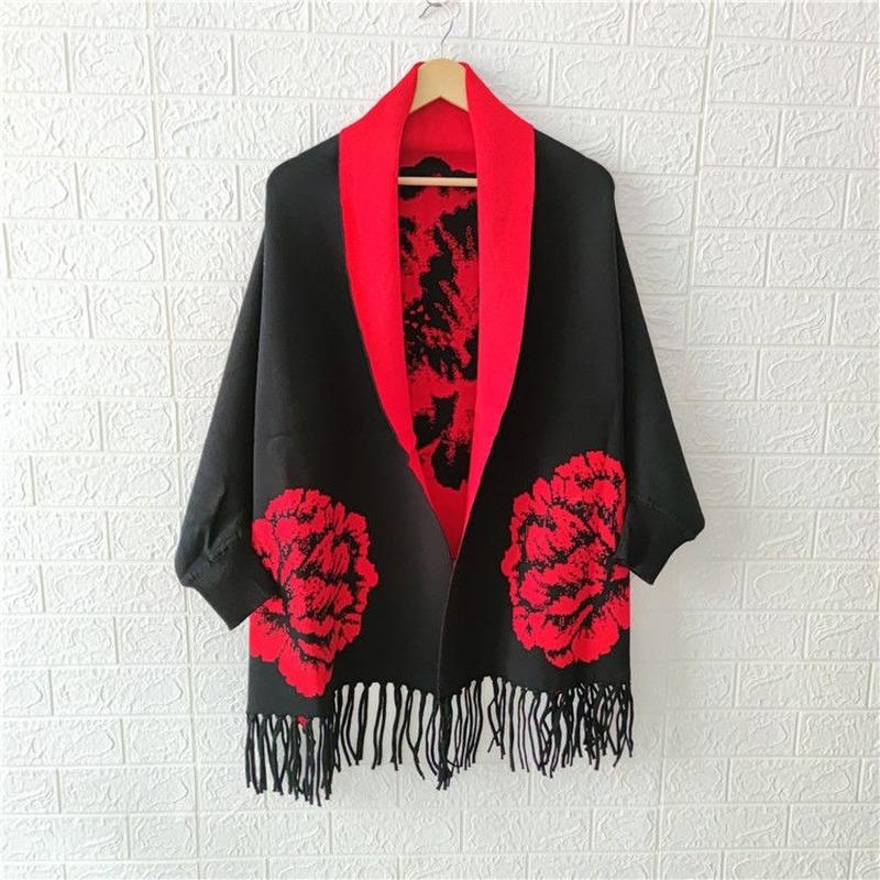 Poncho femeie 2022 toamnă și iarnă imitație de cașmir bujor eșarfă cu franjuri pe două fețe calde mâneci lungi șal pelerina top feminin