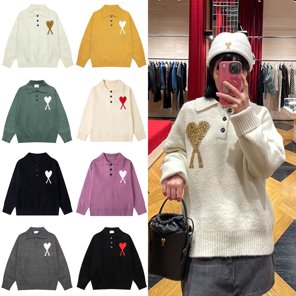 AMI Unisex Big Heart Jacquard Knit Polo Sweater