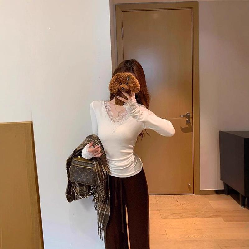 Miu Style Women s Lace Spliced V-Neck T-Shirt - Warm Base Layer for Autumn/Winter Medium белый