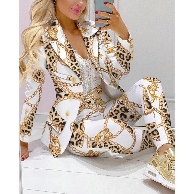 Spring Autumn Fahsion Blazers Pant Sets Casual Long Sleeve Print Coat And Pencil Pant Two Piece Set Office Elegant Suits Women