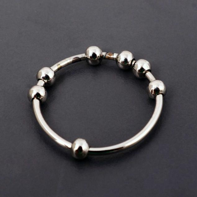 Sterling Silver Brass Adjustable Anxiety Ring, 7 Bead Fidget Spinner Ring, Resizable Decompression Ring, Stylish Shiny Silver Band