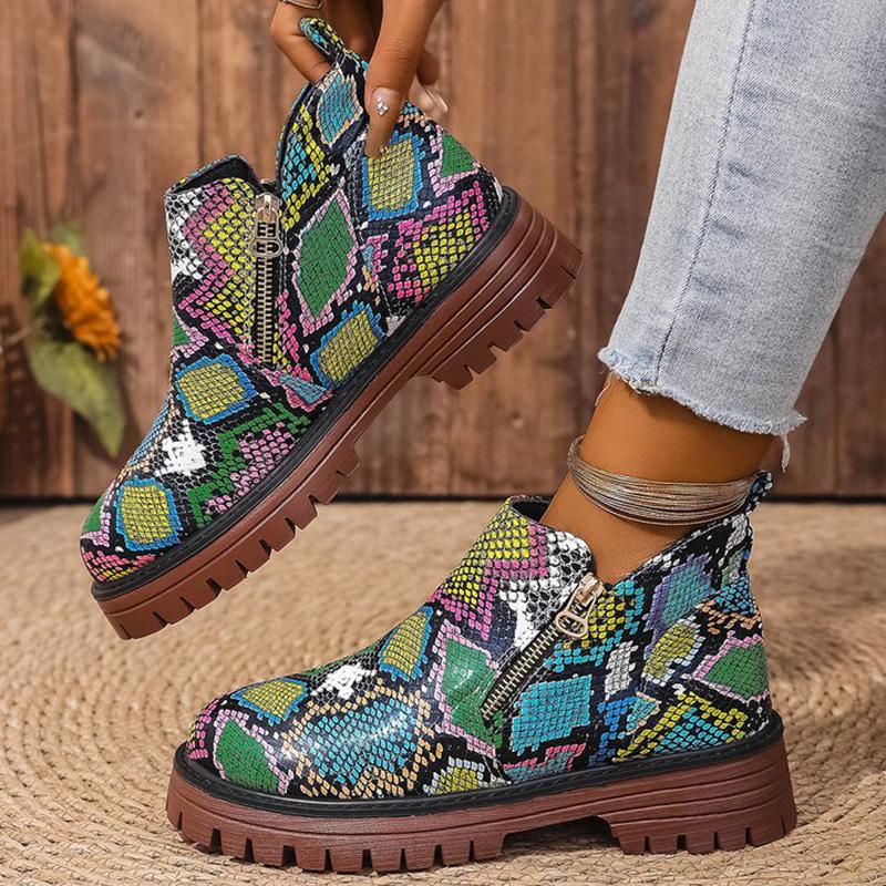 Fashion Fashion Snake Print Ankle Boots Women Spring Autumn Plus Size 36-43 Platform Boots for Woman Zipper Up Round Toe Botas Lady