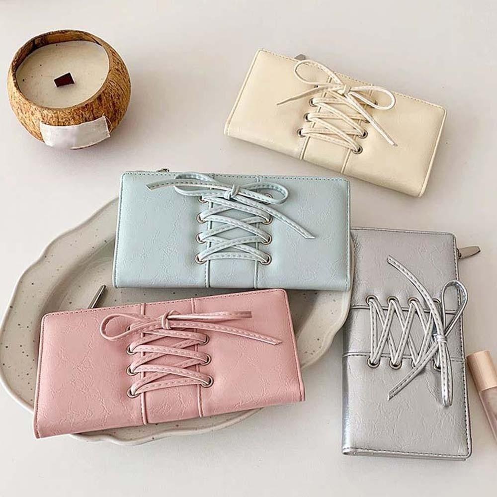 Portable Strap Bow Wallet PVC Multiple Card Balletcore Card Bag Anti-splash Water Solid Color Long Leather Purse School