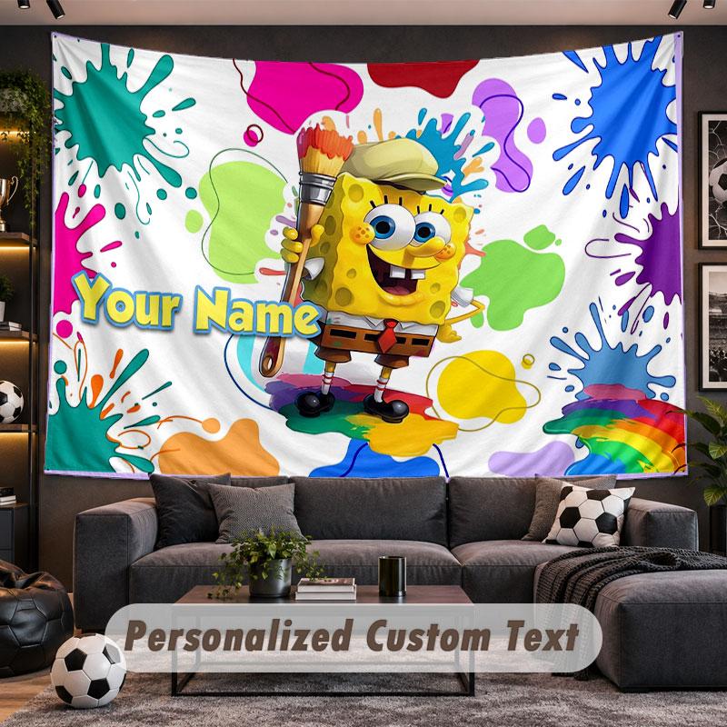 Wall Hanging Tapestry Custom NameSpongeBob Pattern Personalized Printed Fabric Wall Decor