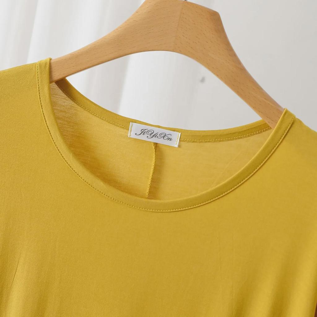 Sommar Lös Passform Modal T-shirt: Kort fram, lång bak, Plusstorlek Fladdermusärm