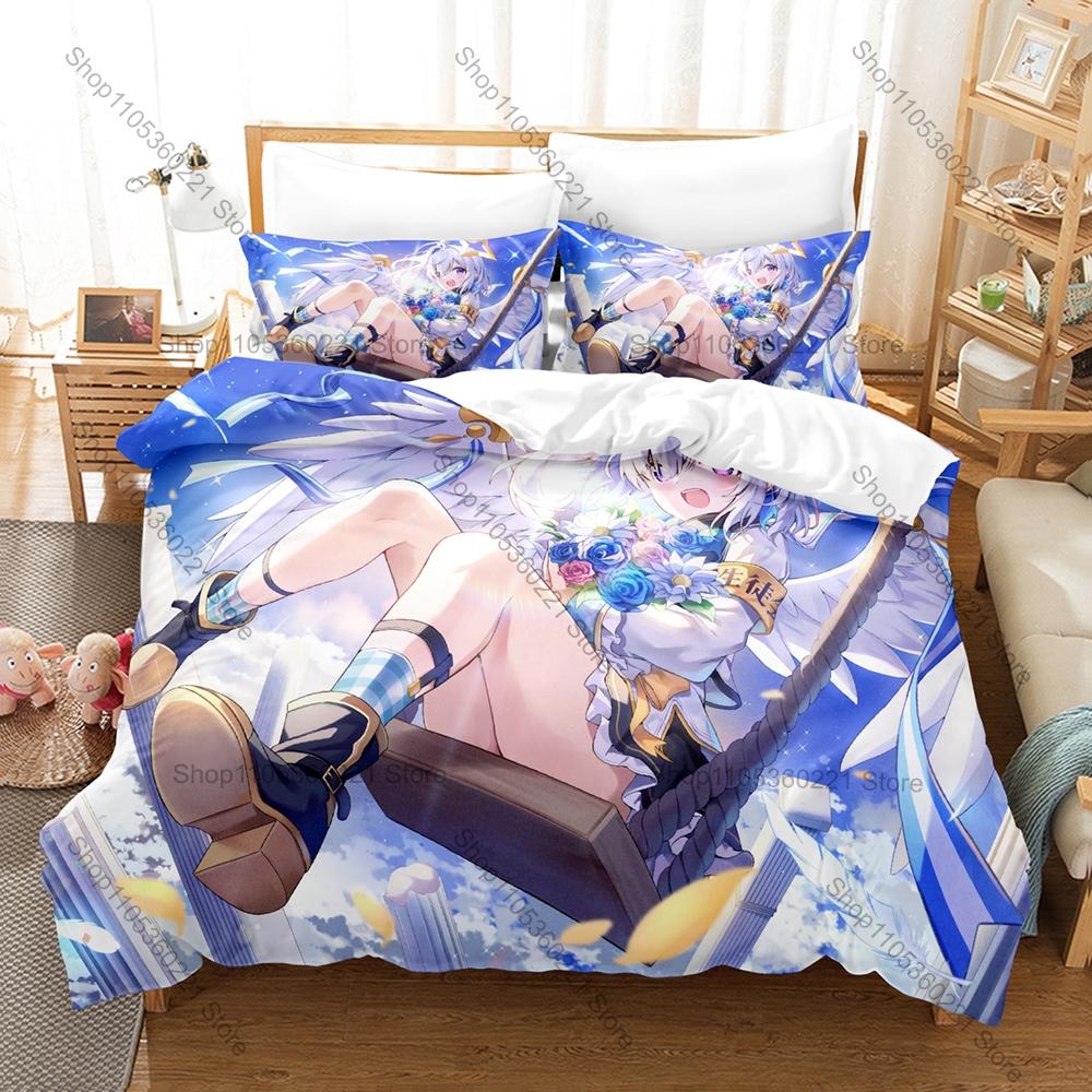 Amane Kanata Blue Hair Wing Angel Anime Print Duvet Cover + 2 Pillowcases Soft Pastel Microfiber Bedroom Decor