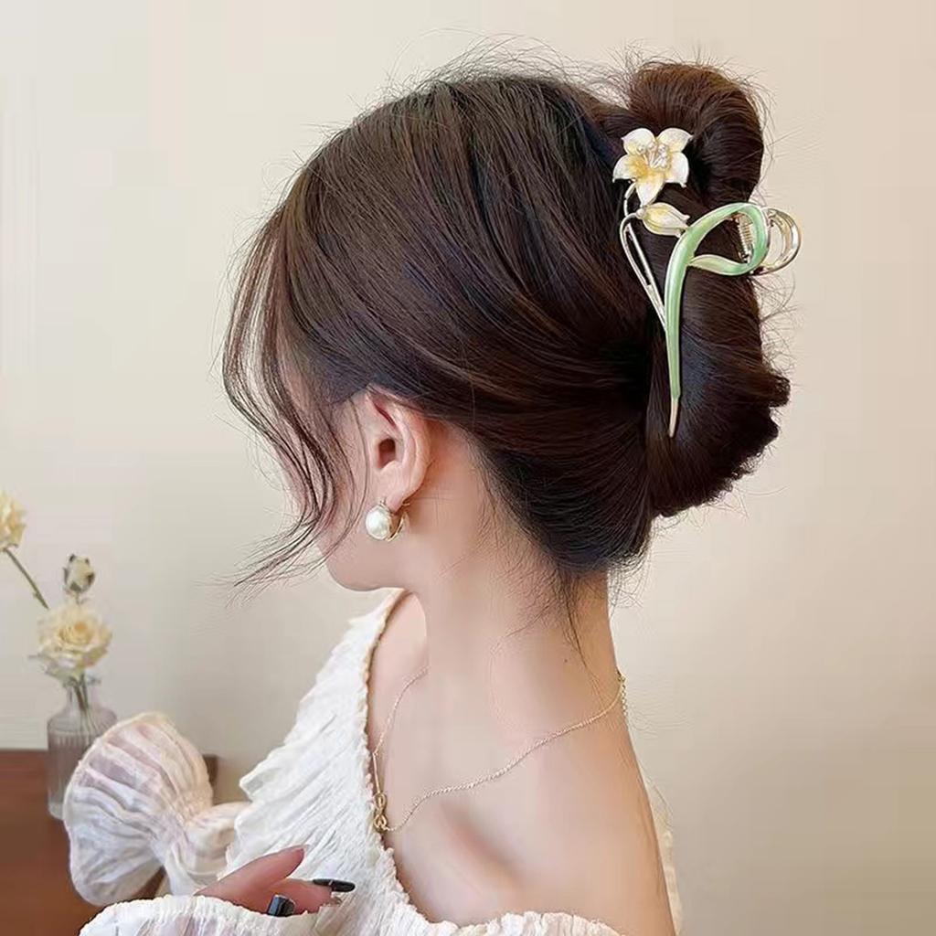 Nouvelle Pince à Cheveux Fleur Métal Pour Femmes Élégante Émail Peint à la Main Huile Gouttant Tulipe Pince Requin Été Accessoires Cheveux Extérieur